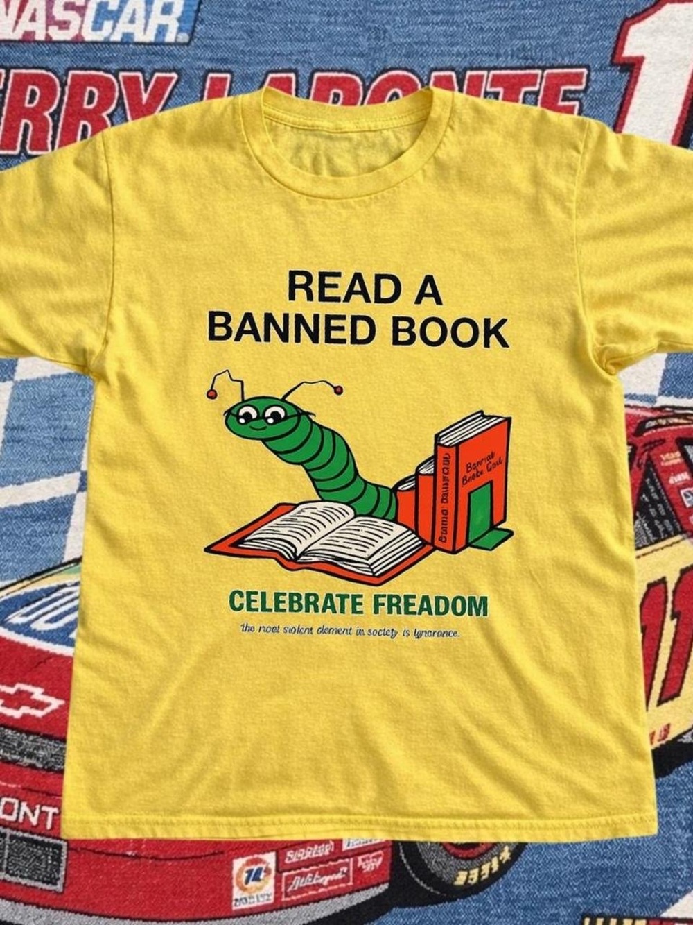 Gildan Yellow "Read A Banned Book" Tee with Worm Graphic